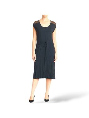 SARAH PACINI Grey Semi Sheer Knit Mesh Midi Dress Cap Sleeves Drawstring Waist M
